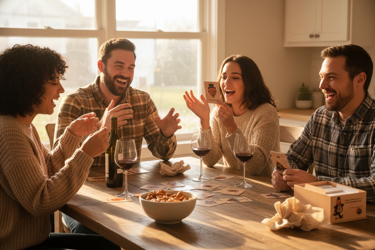 Friends laughing around a kitchen table playing Sh’t Show